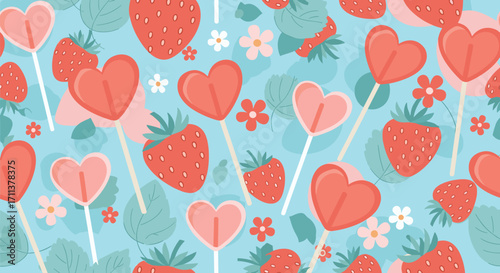 A sweet and vibrant pattern featuring heart-shaped lollipops and ripe strawberries.