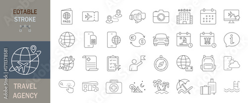 Travel agency icon set. Editable line icons. Vector illustration.