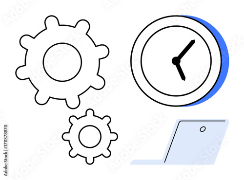 Clock with gears and a simple laptop representing optimization, productivity, collaboration, workflow, efficiency, planning, time management. Ideal for business, technology scheduling simple flat