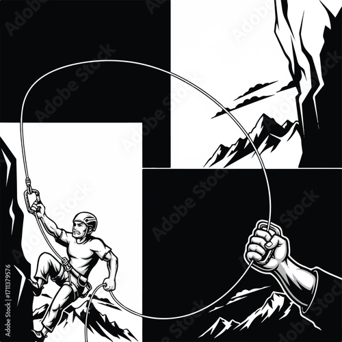 A black and white graphic illustration of a rock climber ascending a cliff, connected by a rope to a belayer's hand, symbolizing teamwork and adventure.