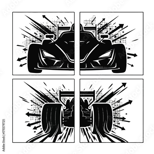 Dynamic black and white graphic art depicting a futuristic racing car from front and rear perspectives, with abstract speed lines and arrows.