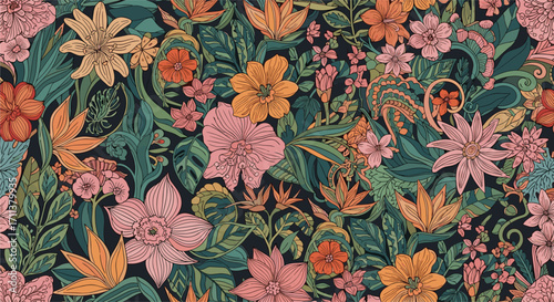 A detailed close up of a dense tropical jungle with vibrant flowers and lush green leaves.