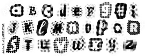 Black halftone alphabet. Retro pixelated different letters design. Comic pop art cut out font. Old newspapers typography set. Grunge textured dotted abc. Rasterized bitmap English alphabet. Vector