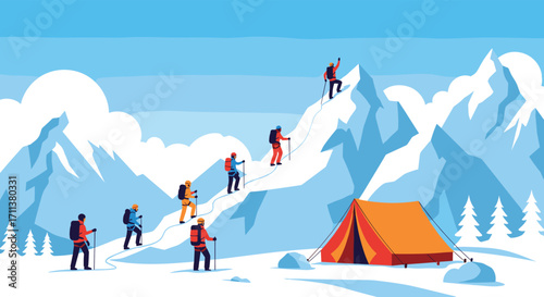 A group of hikers are climbing a snowy mountain with a tent pitched nearby.