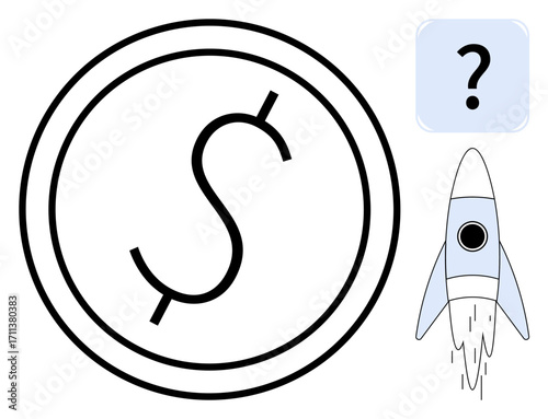 Dollar coin symbol, question mark, and rocket symbolizing investment choices, financial growth, innovation, startup funding, business strategies, decision-making, and progress as simple flat metaphor