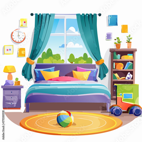 Stylish bedroom interior with tall shelf and toys, cozy kids room vector illustration