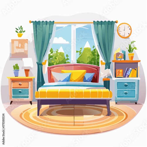 Modern bedroom interior with clock, books and wooden furniture, vector illustration