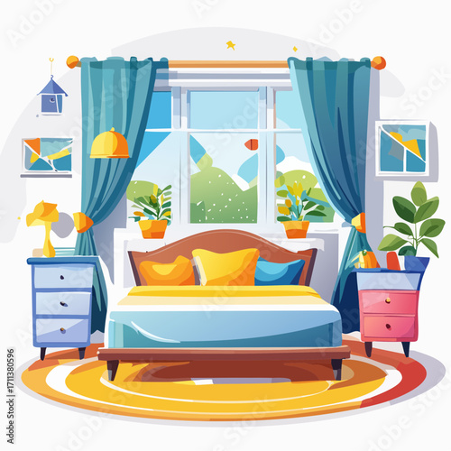Cozy bedroom interior with large window, plants and colorful pillows, vector illustration