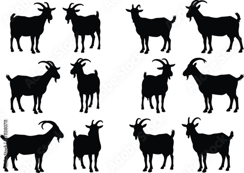 Collection of goat silhouettes vector illustration set, black farm animal graphic design, livestock clipart for agriculture, farming, countryside decoration.