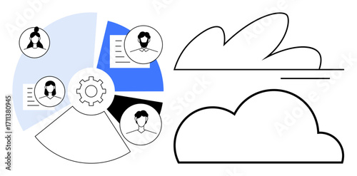 Circular diagram with user profiles and gear symbolizes teamwork, next to cloud shapes for storage and integration. Ideal for data collaboration, cloud services, innovation, teamwork, strategy