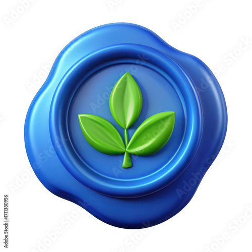 Blue wax seal with green leaf emblem represents growth nature and quality isolated on transparent background
