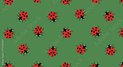 A charming collection of repeating red ladybugs scattered across a simple green background pattern.