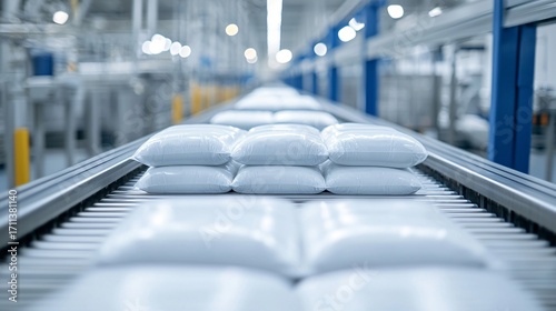 conveyor system transporting sealed bags of Alternative Protein Insect Powder inside factory.