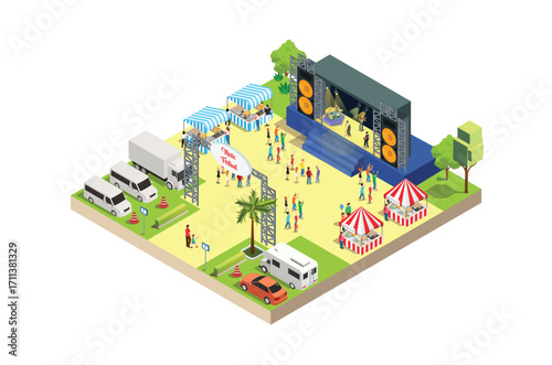 Music Festival Illustration Concept 3d Isometric View of Party Elements, camper van, bus. Concert Background and Stage Landscape. Musical Event vector illustration