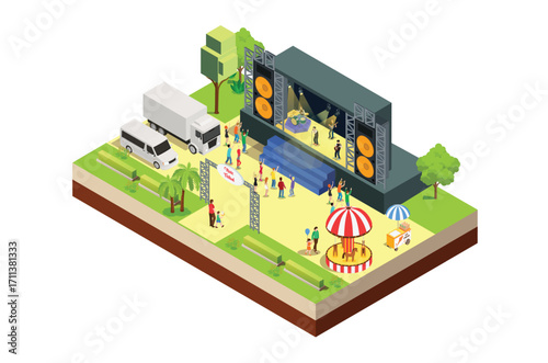 Illustration Music Festival Concept 3d Isometric View Concert Party Elements Landscape Background and Stage. Vector illustration of Musical Event