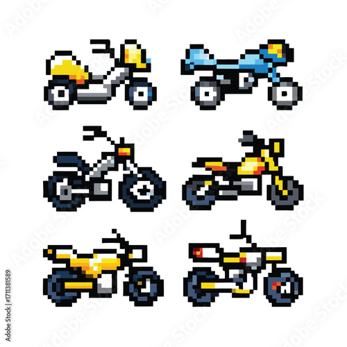 Motorcycle 8-Bit Pixel Art Icon Set. Collection of 6 Retro Vehicle Sprites