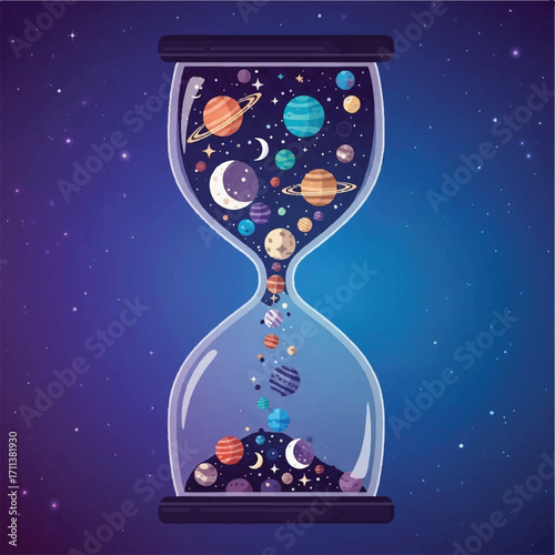 Cosmic hourglass, depicting planets and stars flowing through time.