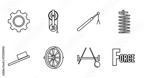 Simple Machines Gear, Pulley, Lever, Spring, Wedge, Wheel and Axle, Inclined Plane, Force