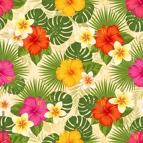 Lush Hawaiian flora seamless pattern with hibiscus and frangipani flowers