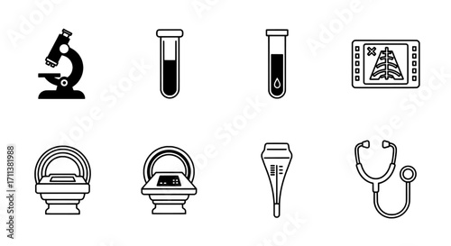 Medical Equipment Microscope, Test Tubes, X-ray, MRI, Stethoscope Icons