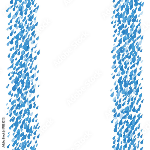 Abstract design of falling blue water droplets, creating vertical borders on a white background.