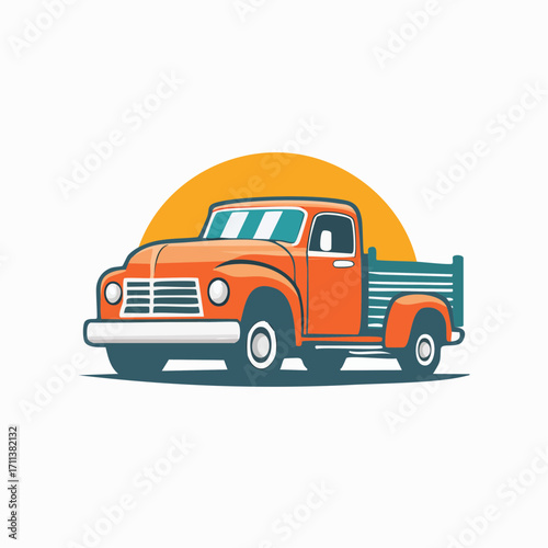 Vintage Orange Pickup Truck with Sunset Background Logo Design