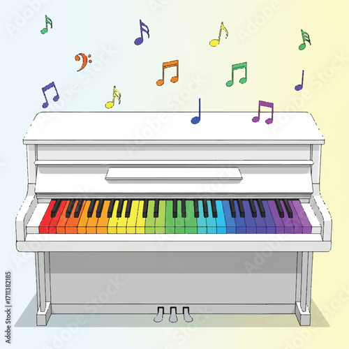 Colorful piano keys on a white upright piano with musical notes, a whimsical illustration.