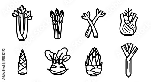 Variety of vegetables in line art style, perfect for menu designs, organic food projects