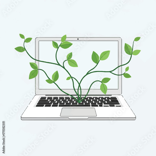 A laptop computer with vibrant green plants growing out of its keyboard, symbolizing growth and technology.