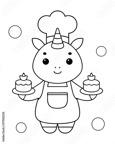 Unicorn chef holding cakes apron