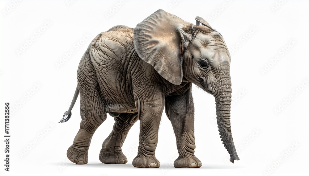 Fototapeta premium Realistic elephant standing on sandy surface with white background