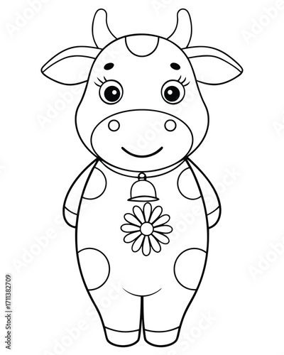 Cartoon cow with bell and flower animal illustration