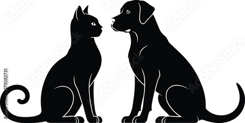 Silhouette illustration of sitting cat and dog facing each other, simple black vector design for pet lovers, decoration, and prints