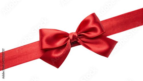 Red lustrous ribbon with refined bow tied diagonally from corner to corner, isolated on a transparent background