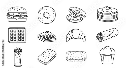 Various Outlined Breakfast and Lunch Foods in Black and White