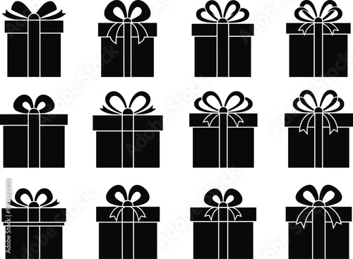 Gift box silhouette vector, ribbon styles, black icons, festive packaging, present design, minimalist illustration, holiday decor, wrapping concept, celebration theme