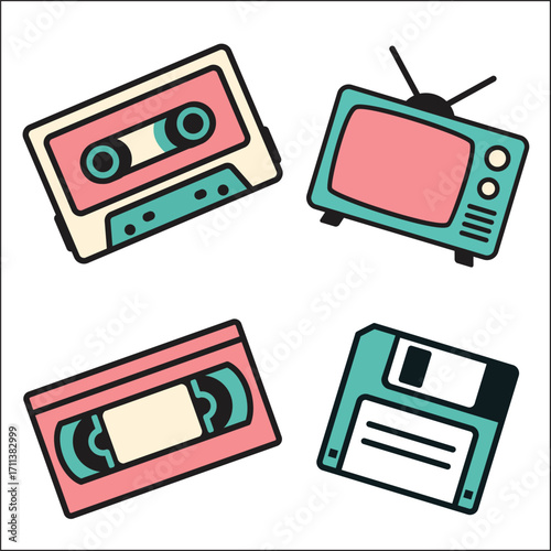 Retro 80s and 90s technology icons cassette tape vhs floppy disk tv set