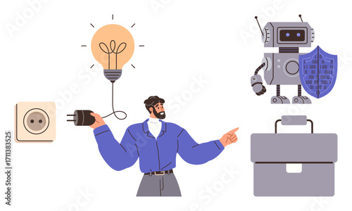 A man with a power plug connects to a lightbulb symbolizing creativity and innovation. Robot with shield signifies technology and cybersecurity. Briefcase adds entrepreneurship. Ideal for innovation