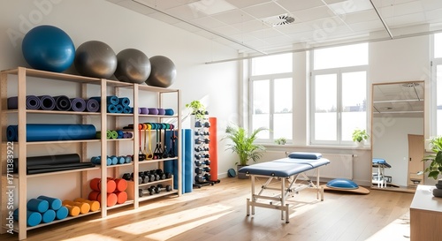 Bright physical therapy room featuring exercise equipment and a treatment table near large windows