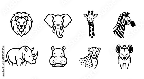 African Wildlife Animals Line Art Icon Set