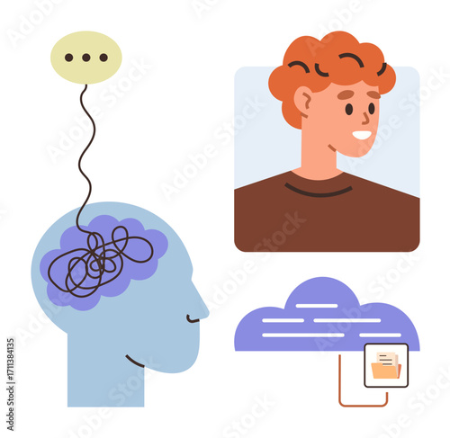 Human head with tangled thoughts, speech bubble, smiling person, cloud storage. Ideal for mental health, communication, self-awareness, emotional intelligence, online learning personal growth