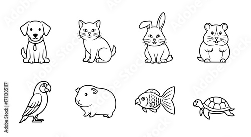 Cute Pet Animal Outline Icons Set Dog, Cat, Rabbit, Parrot, Fish