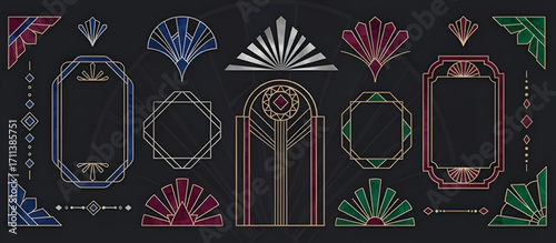 Luxurious Art Deco Design Elements Collection Featuring Geometric Frames, Ornate Borders, and Fan Motifs for Vintage-Inspired Creative Projects