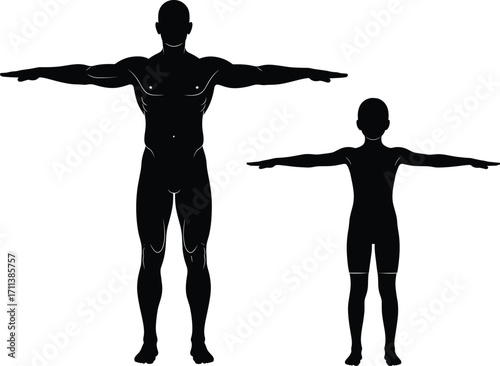 Silhouette Comparison of Adult and Child Human Figures in T-Pose for Anatomy, Growth, Ergonomics, Education, and Medical Illustration Use