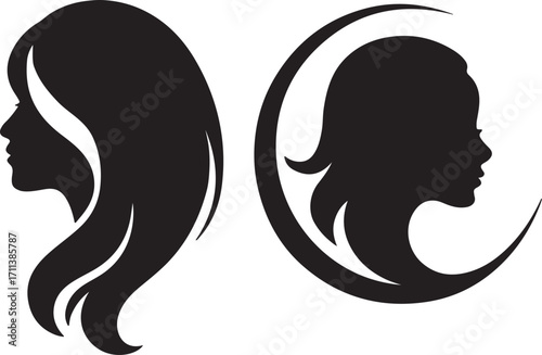 Stylized   two female face logo vector silhouette .
