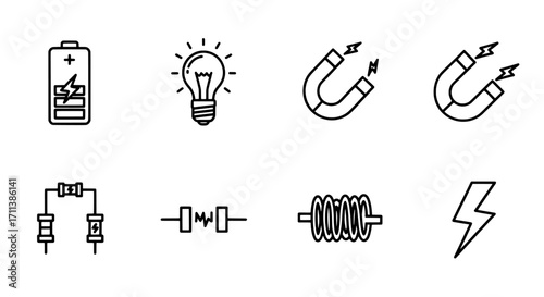 Electrical Components Line Icons Energy, Resistance & Magnetism