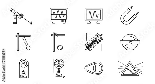 Physics Concepts Line Art Illustrations of Scientific Principles and Experiments