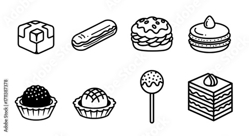 Assortment of vector line art desserts, including cakes, truffles and lollipop