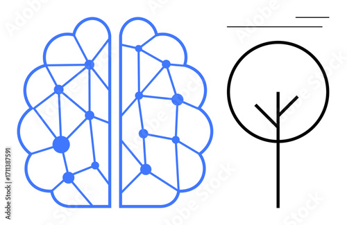 Stylized brain with neural connections beside a minimalistic tree diagram. Ideal for AI, nature, sustainability, neuroscience, innovation, technology, ecology and digital concepts. Simple flat