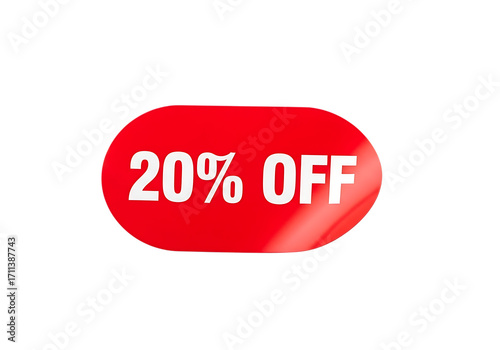 Red oval sticker with 20 percent off text isolated on transparent background